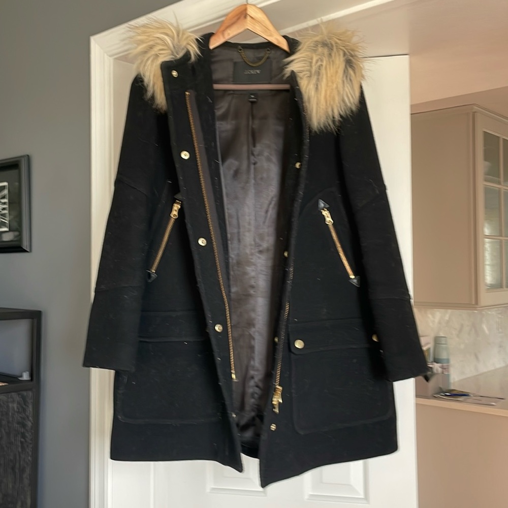 J. Crew Black Pea Coat with Faux Fur Trim